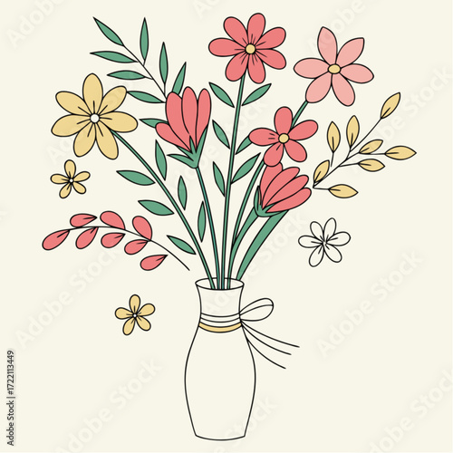 Hand-drawn colorful floral bouquet in a simple white vase with a delicate bow.