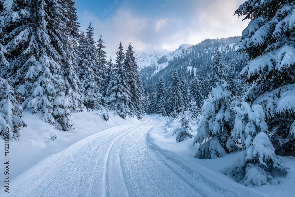 Fototapeta premium Winding crosscountry skiing trail through snow-covered woods in a serene winter landscape at dawn