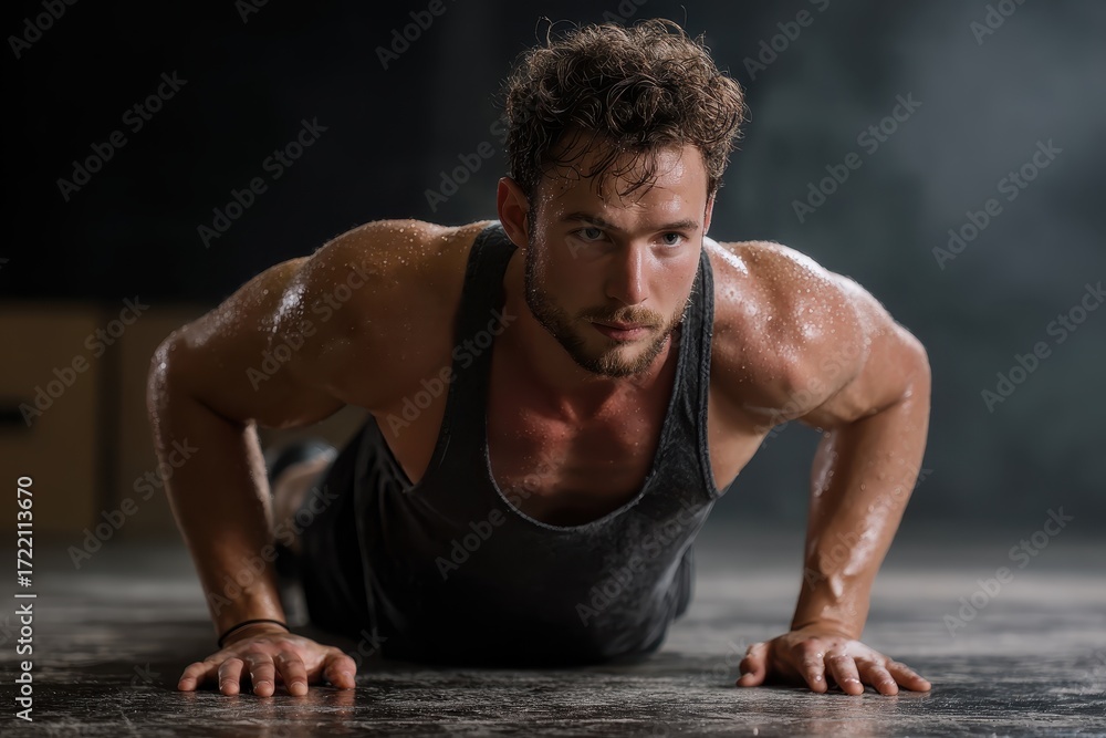 Obraz premium Young athletic man performing pushups in a dimly lit gym, showcasing strength and dedication during an intense workout session focused on fitness and well-being