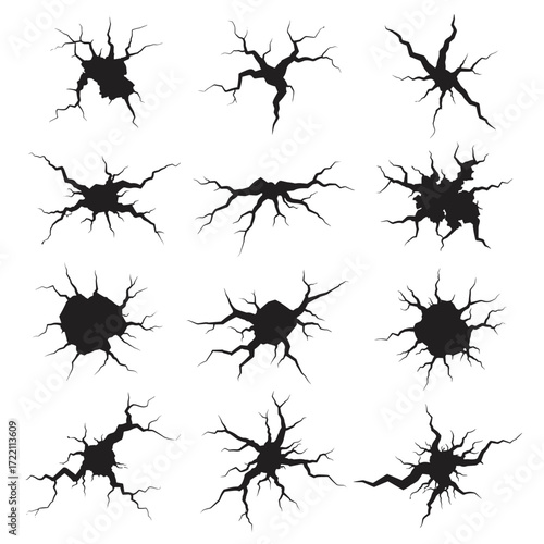 A collection of various crack patterns and surface damage illustrations