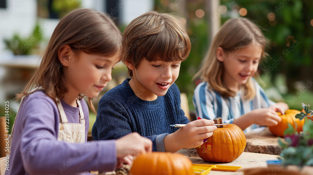 Fototapeta premium Group children painting colorful pumpkins festive table autumn outdoor activity smiling laughing creativity Halloween pumpkin decorating kids craft projects seasonal art activities