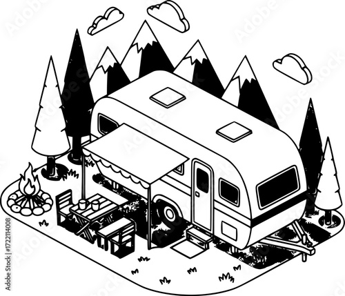 caravan house camping, Camping trailer mobility camper caravan summer travel road trip isometric vintage icon vector
