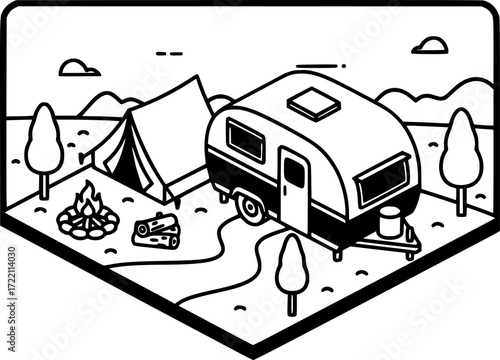 caravan house camping, Camping trailer mobility camper caravan summer travel road trip isometric vintage icon vector
