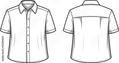 Blank short sleeve button up shirt front and back view flat sketch fashion template clothing design vector mockup casual apparel illustration