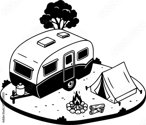 caravan house camping, Camping trailer mobility camper caravan summer travel road trip isometric vintage icon vector
