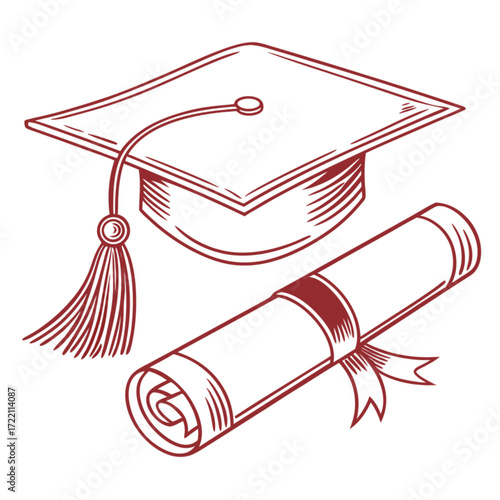Detailed hand-drawn graduation cap with tassel and rolled diploma scroll illustration.