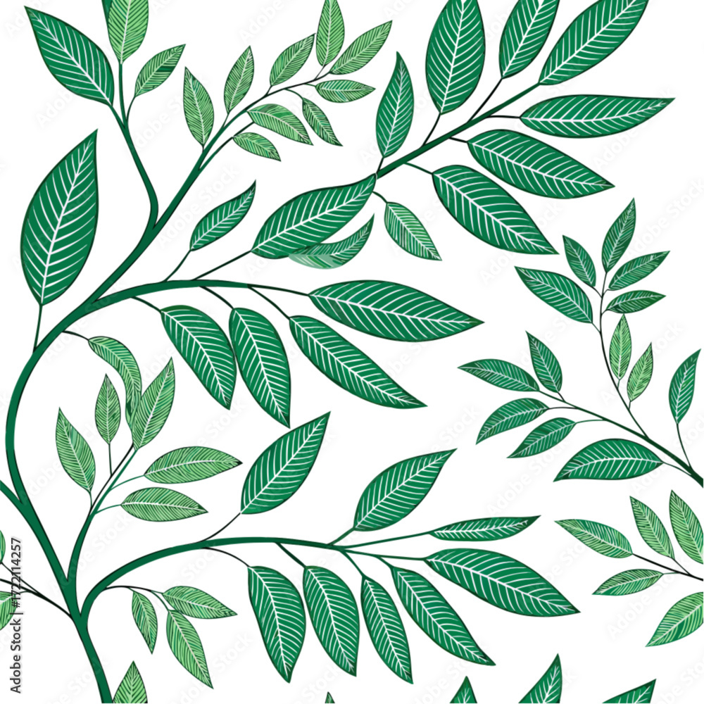 Fototapeta premium Elegant botanical illustration of green leafy branches with detailed vein textures.