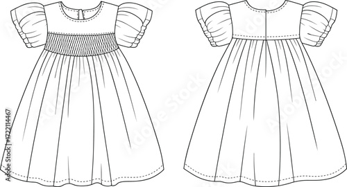 Cute puff sleeve smocked baby girl dress front and back view flat sketch vector template fashion clothing design illustration mockup