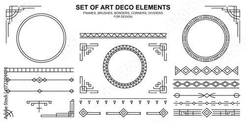 Art Deco geometric design elements set featuring round and rectangular frames, corner accents, dividers, and pattern brushes in black on white, perfect for elegant vintage projects.