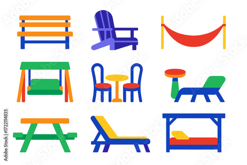 Bright Garden Seating Icons. Flat vector icons of garden seating: bench, Adirondack chair, hammock, swing seat, bistro set, garden