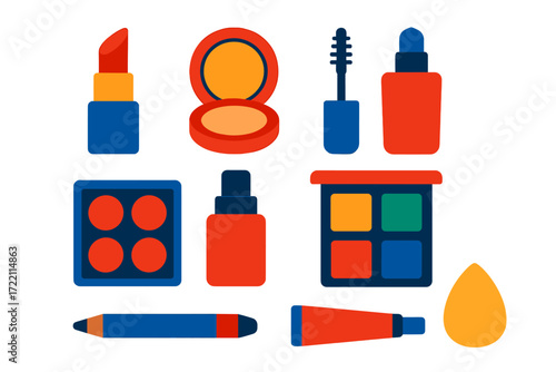 Bold Cosmetic Icons. Flat vector icons of cosmetics: lipstick, compact powder, mascara wand, blush palette, foundation bottle,