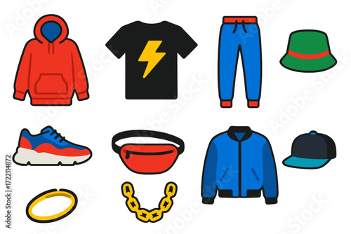 Streetwear Icon Set. Flat vector icons of streetwear: oversized hoodie, graphic tee, jogger pant, bucket hat, chunky sneaker,
