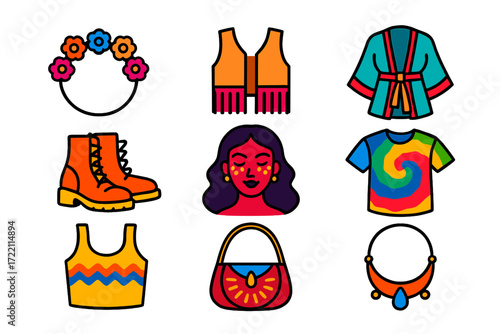Festival Fashion Icons. Flat vector icons of festival fashion: flower crown, fringe vest, kimono robe, lace-up boots, glitter face