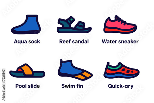 Water Shoes Icons. Flat vector icons of water shoes: aqua sock, reef sandal, water sneaker, slip-resistant sandal, pool slide,
