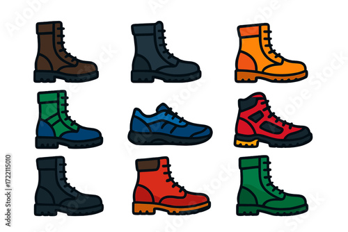 Military Boot Icons. Flat vector icons of military and tactical boots: combat boot, patrol boot, desert boot, jungle boot,