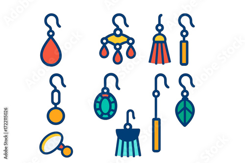 Bold Earring Icons. Flat vector icons of drop and dangle earrings: teardrop earring, chandelier earring, tassel dangle, chain drop