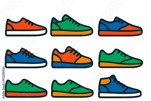 Bold Shoe Icons. Flat vector icons of skateboard and BMX shoes: vulcanized skate shoe, cupsole skate shoe, flat BMX shoe, dirt