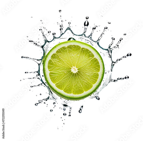 Lime slice splashing in water, black background, refreshing drink ad