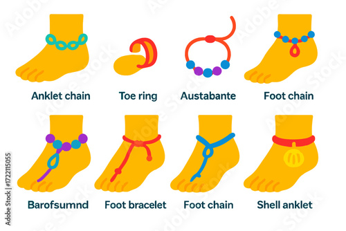 Vibrant Ankle Jewelry Icons. Flat vector icons of ankle and toe jewelry: anklet chain, toe ring, charm anklet, beaded anklet,