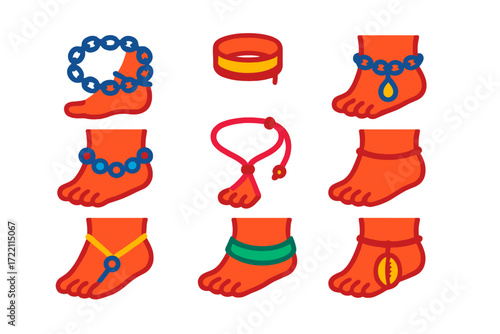 Vibrant Ankle Jewelry Icons. Flat vector icons of ankle and toe jewelry: anklet chain, toe ring, charm anklet, beaded anklet,