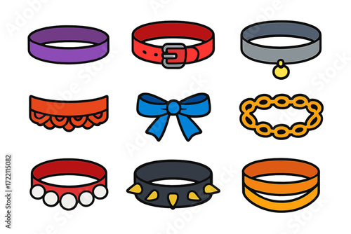 Bold Choker Icons. Flat vector icons of chokers and collars: velvet choker, leather collar, metal collar, lace choker, ribbon