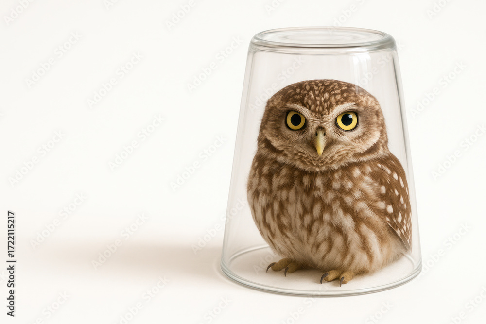 Fototapeta premium An owl sits under an inverted glass glass. Space for text.