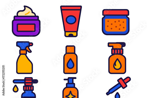 Colorful Haircare Icons. Flat vector icons of haircare treatments: deep conditioner pot, hair mask tube, scalp scrub jar; leave-in