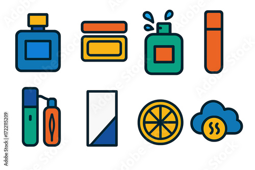 Men's Fragrance Icons. Flat vector icons of men’s fragrance: cologne bottle, solid cologne tin, aftershave splash; rollerball vial