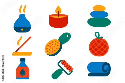 Spa Essentials Icons. Flat vector icons of spa & wellness: essential oil diffuser, massage candle, zen stone stack, aromatic stick