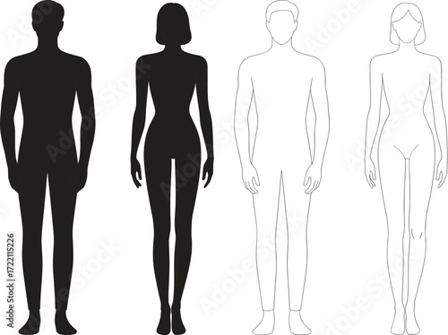 Male and female body template front view fashion croquis outline and silhouette sketch for apparel design, clothing illustration, flat drawing