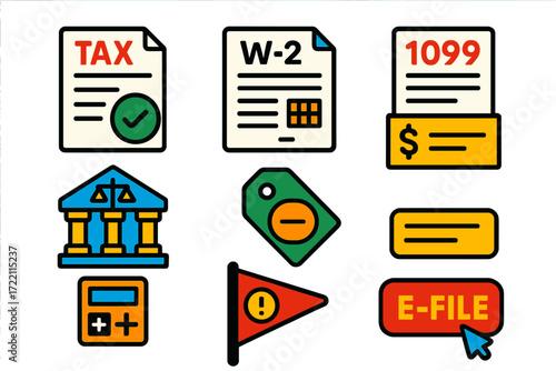 Tax Service Icons. Flat vector icons of tax services: tax return, W-2 form, 1099 document; IRS building, deduction icon, refund
