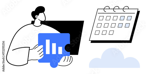 Abstract person holding puzzle piece with bar chart, next to calendar and cloud. Ideal for planning, teamwork, strategy, productivity, data analysis, scheduling digital innovation. Simple flat