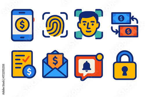 Modern Banking Icons. Flat vector icons of digital banking features: mobile app screen, login fingerprint, biometric face scan;
