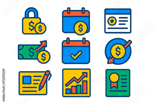 Modern Deposits Icons. Flat vector icons of deposit products: fixed deposit, recurring deposit, savings certificate; interest