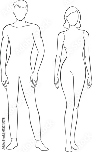 Male and female fashion croquis body template front view outline sketch silhouette for clothing design, apparel illustration, garment technical drawing, figure