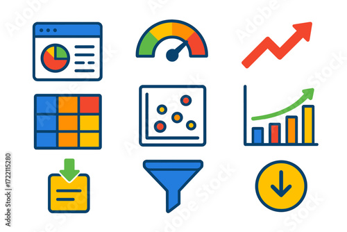 Financial Analytics Icons. Flat vector icons of financial analytics: dashboard widget, KPI gauge, trend arrow; heatmap, scatter