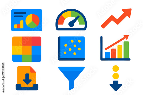 Financial Analytics Icons. Flat vector icons of financial analytics: dashboard widget, KPI gauge, trend arrow; heatmap, scatter