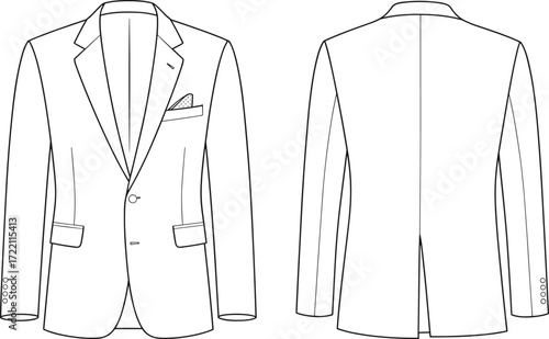 Men’s blazer flat sketch front and back view with lapel collar, pocket detail, tailored jacket fashion template for garment industry design
