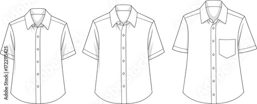 Men short sleeve button down shirt fashion flat sketch with collar, pocket and design variations front view vector apparel illustration
