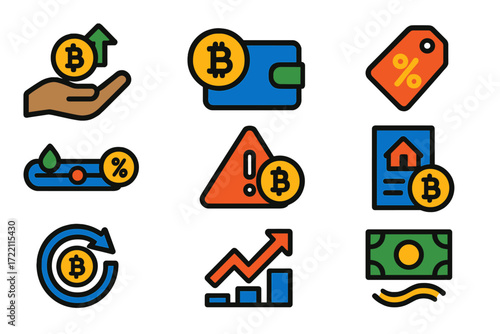 Crypto Lending Icons. Flat vector icons of crypto lending: lend earn, borrow collateral, interest rate tag, loan-to-value slider,