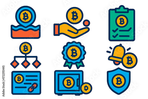 Crypto Insurance Icons. Flat vector icons of crypto insurance: coverage pool, premium payment, claim form, risk assessment,