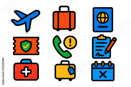 Travel Insurance Icons. Flat vector icons of travel insurance: airplane, suitcase, passport; policy ticket, emergency hotline,