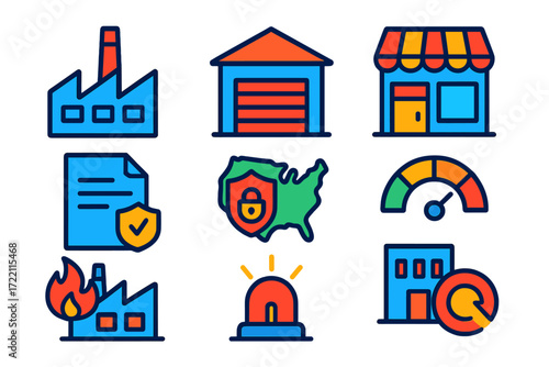Commercial Property Icons. Flat vector icons of commercial property insurance: factory building, warehouse, retail store; policy