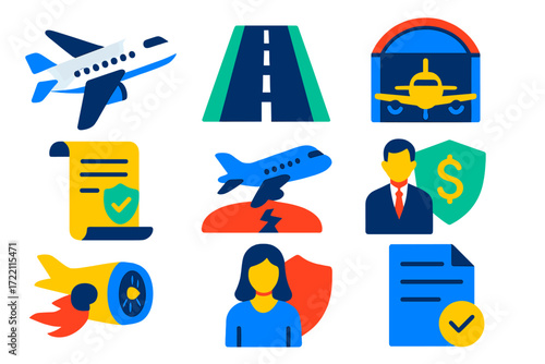 Aviation Insurance Icons. Flat vector icons of aviation insurance: airplane, runway, hangar; policy scroll, hull damage, liability