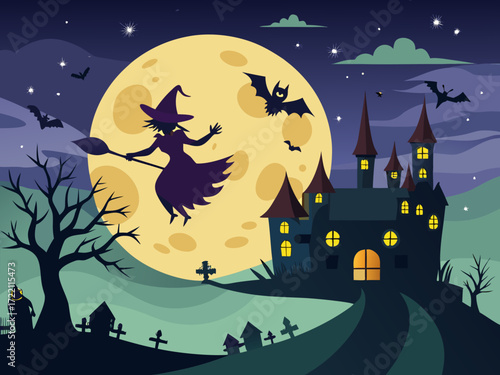 Scary night Happy Halloween scene with witches flying on broomsticks across the moon