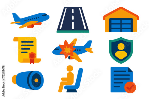 Aviation Insurance Icons. Flat vector icons of aviation insurance: airplane, runway, hangar; policy scroll, hull damage, liability