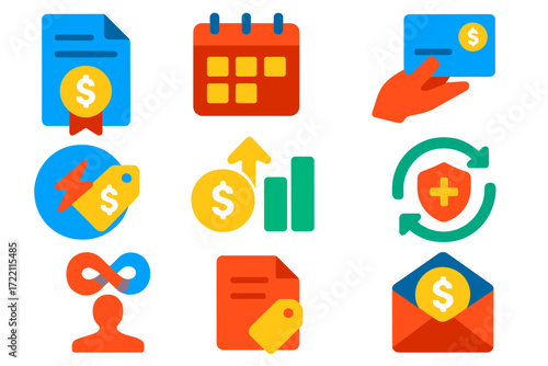 Annuity Icons Set. Flat vector icons of annuity products: annuity contract, payout schedule, premium payment; surrender charge,