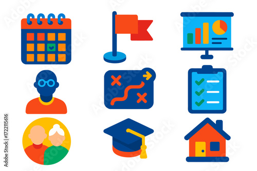 Colorful Tax Planning Icons. Flat vector icons of tax planning: calendar plan, goal flag, budget chart; retirement plan, education
