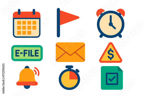 Tax Deadline Icons. Flat vector icons of tax deadlines: calendar icon, deadline flag, alarm clock; e-file stamp, mail envelope,
