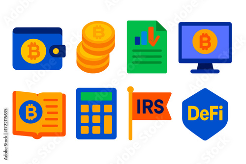Flat Crypto Tax Icons. Flat vector icons of cryptocurrency taxation: crypto wallet, coin stack, tax form; transaction history,